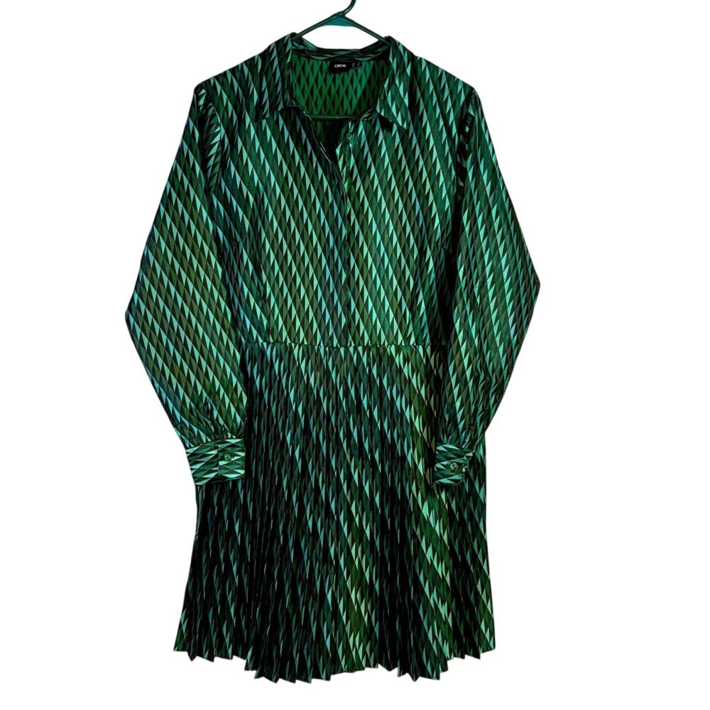 ASOS Green Geometric Patterned Long Sleeve Dress Pleated Skirt Size 12 L0223